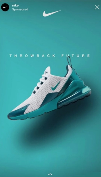 Story minimalista da Nike com a foto de um tênis sobreposto pela frase "throwback future".